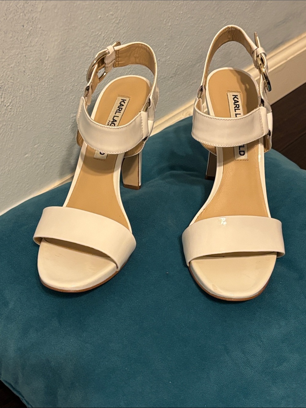 Karl Lagerfeld Cream Strap Block Heel Sandals